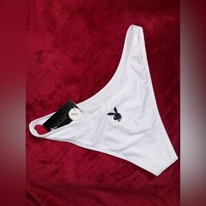 PLAYBOY White Bikini Bottom with Logo Accent- Size Large NWT
